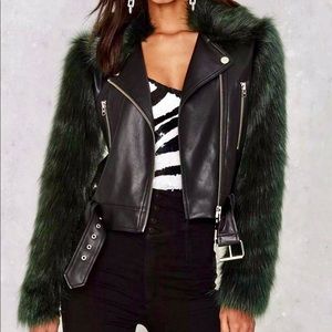 VEGAN LEATHER MOTO JACKET w/ FUR SLEEVES